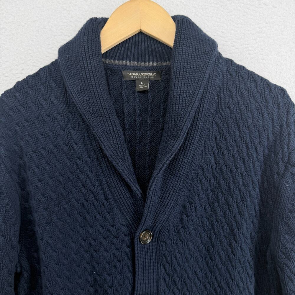 BANANA REPUBLIC Cardigan Mens L Cable Texture Shawl Button Up Cotton Slub Blue